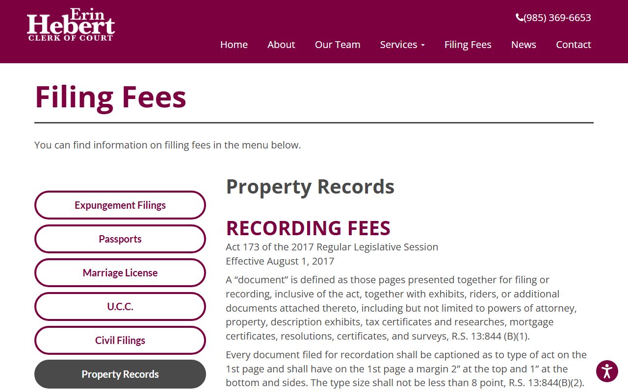 Assumption Parish Clerk of Court property record fee schedule