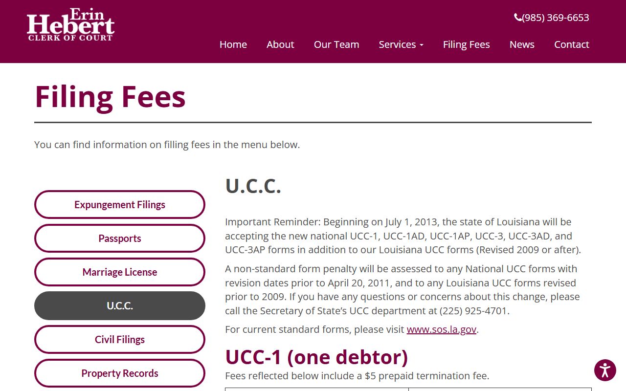 Assumption Parish Clerk of Court UCC record fees