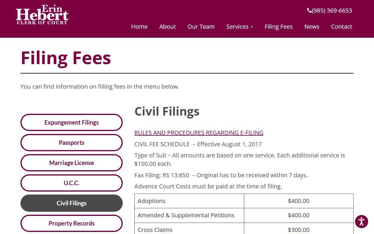Assumption Parish court records civil filing fees