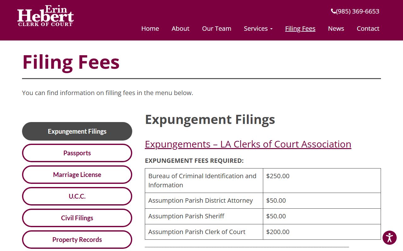 Assumption Parish criminal court records expungement filing fees