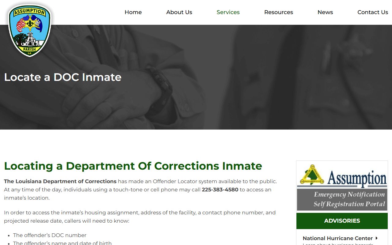 Assumption Parish inmate records sheriff DOC locator instructions