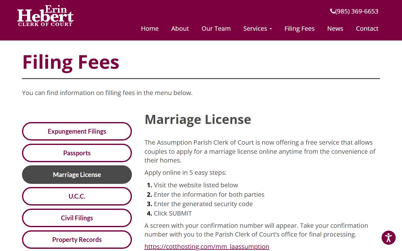 Assumption Parish marriage and divorce records Clerk marriage license requirements